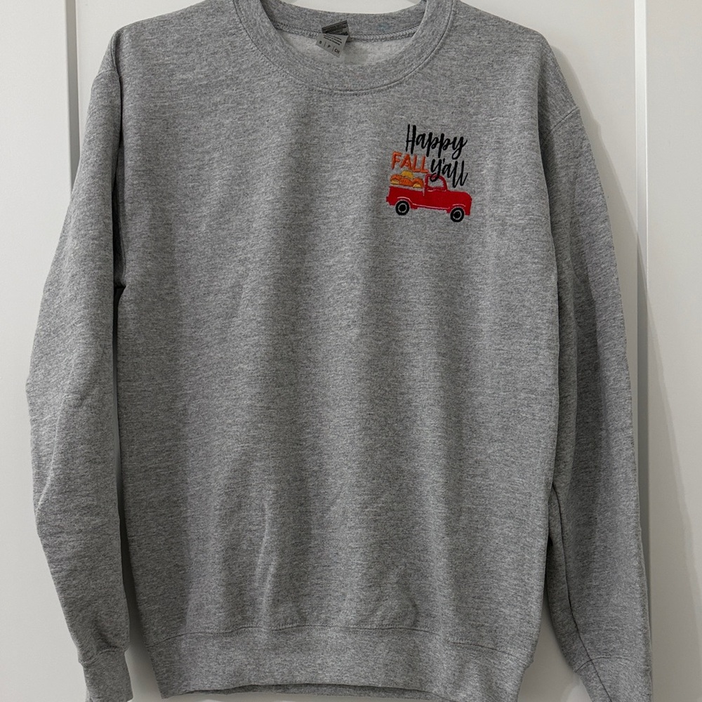 Light grey sweatshirt  with Red Embroidery happy fall y’all